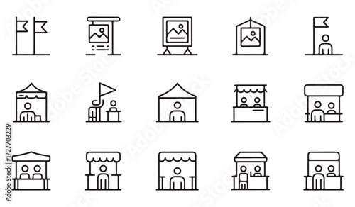 Outline icons of exhibition stands, conference kiosks, fair stalls, and promotional billboards for event graphics