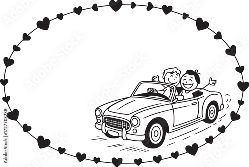 Love on the Road: A charming monochrome illustration captures a moment of joy as two figures cruise in a classic convertible, framed by a garland of hearts, symbolizing romance and adventure.