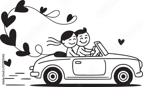 Love's Road Trip: A whimsical illustration captures a couple in love, embarking on a road trip together, with hearts and the open road ahead symbolizing their journey of love.