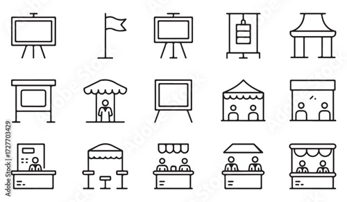 Vector illustration of trade show stands, advertising billboards, exhibition tents, and display signs in outline style