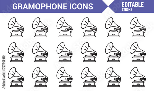 Editable stroke gramophone icons set for retro music and vintage design