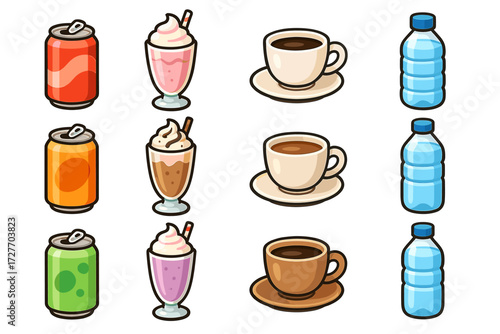 Colorful cartoon beverages: soda, milkshakes, coffee, and water bottles in rows