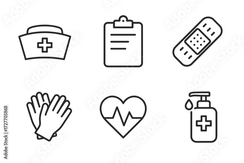 Healthcare icons: nurse cap, clipboard, bandage, gloves, heart, sanitizer