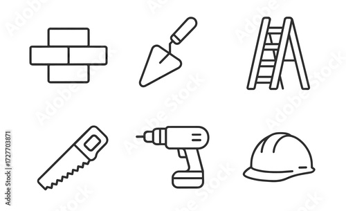 Construction tools icons: bricks, trowel, ladder, saw, drill, helmet