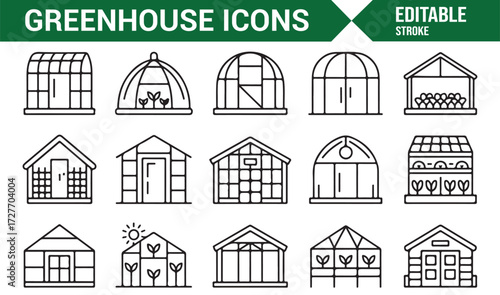 Editable line stroke symbols of plant houses, domes, and farming structures