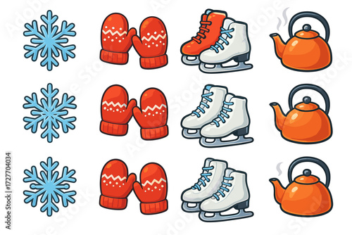 Winter essentials: snowflakes, mittens, ice skates, and teapots for cozy days