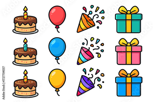 Colorful birthday celebration icons: cake, balloons, gifts, and party poppers