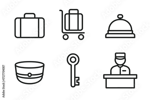 Hotel service icons set with luggage, bell, key, and concierge