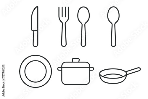 Minimalist kitchen utensils and cookware line art illustration