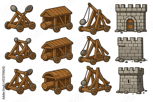 Medieval siege weapons and stone towers illustrations