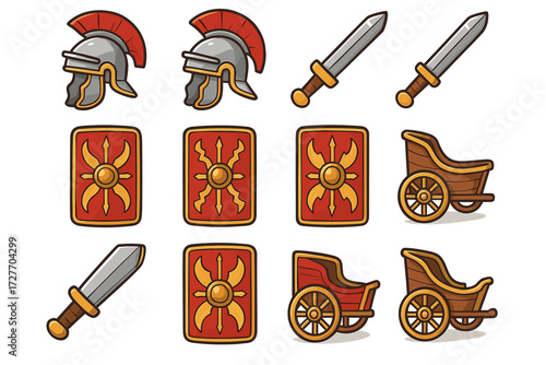 Roman legionary equipment: helmets, swords, shields, and chariots icon set