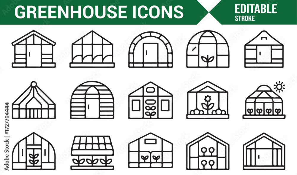 Fototapeta premium Editable stroke greenhouse icons set for farming, gardening, and horticulture