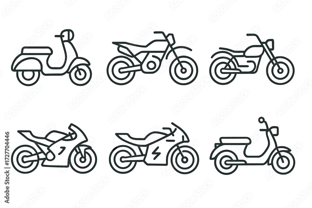 Obraz premium Collection of motorcycle and scooter icons: diverse styles of two-wheeled vehicles