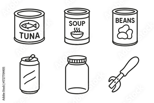 Simple outline icons of canned food, jar, can opener, and drink can