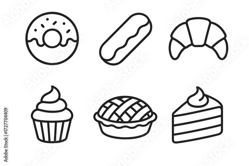 Outline icons of donut, eclair, croissant, cupcake, pie, and cake slice