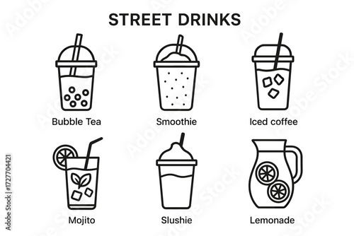 Illustrated icons of popular street drinks: bubble tea, smoothie, iced coffee, mojito, slushie, lemonade