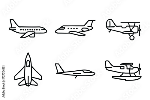 Outline icons of various aircraft types including jets and biplanes