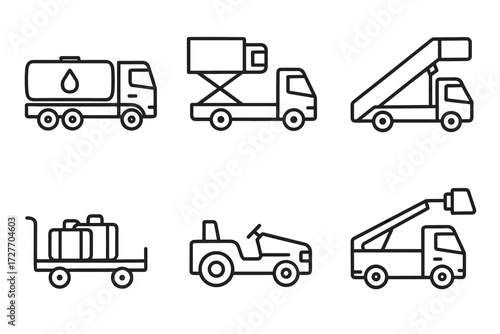 Airport ground support vehicles icons: fuel, container, staircase, luggage cart, tractor, lift