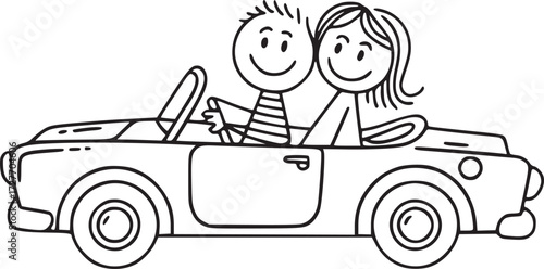 Joyride in a Convertible: A stick-figure couple embarks on a joyful car ride in a sleek, classic convertible, cruising towards adventure, evoking nostalgia and happiness.
