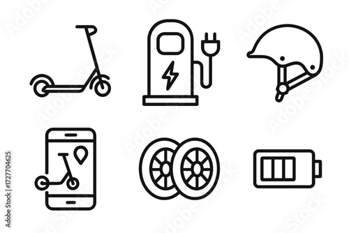 Electric scooter icons: charging station, helmet, mobile app, wheels, battery symbols