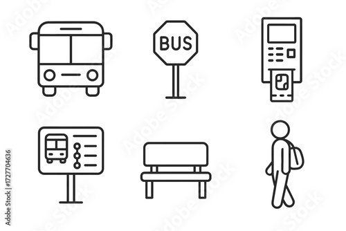 Simple black and white bus stop icons set with transport sign and ticket machine