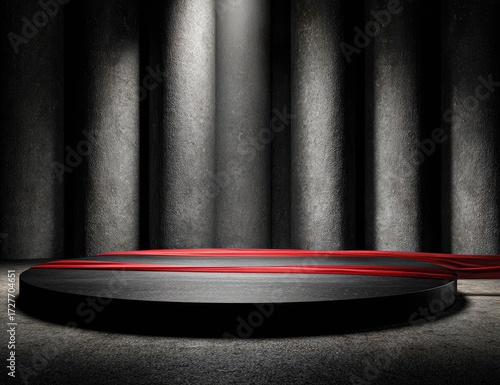 A dark, dramatic presentation platform, highlighted by red accents, sits in a textured gray concrete environment.