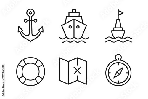 Nautical symbols: anchor, ship, buoy, lifebuoy, map, compass - black icons