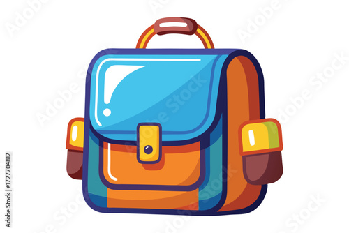 Colorful satchel with a handle exhibits a blend of blue and orange on white background