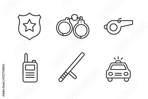 Police symbols: badge, handcuffs, whistle, radio, baton, patrol car icons