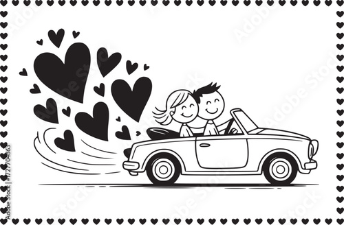 Love on the Road: A couple enjoys a romantic ride in a car surrounded by hearts, creating a sense of happiness and adventure.