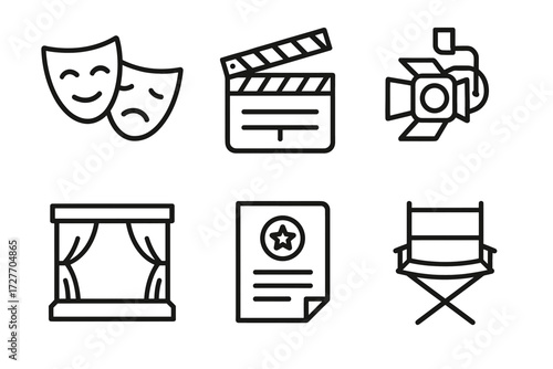 Theater icons: masks, clapperboard, spotlight, stage, script, director's chair