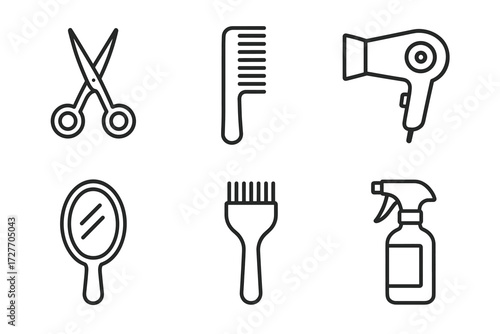 Essential hair salon tools icons: scissors, comb, hairdryer, mirror, brush, spray bottle