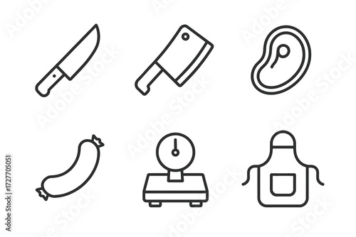 Line art of kitchen utensils: knife, cleaver, steak, sausage, scale, apron