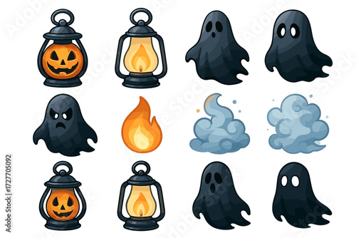 Halloween lanterns and ghosts: spooky symbols with pumpkins and flames