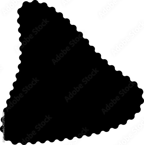 Abstract black shape forming a rounded triangular structure with smooth, fluid contours and wavy edges.