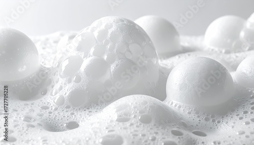 Close-Up of White Cleanser Foam – Soap and Shampoo Bubbles for Skin Care	
