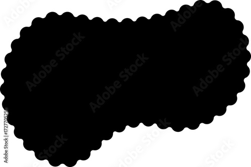 Abstract black shape inspired by an amoeba, with fluid, irregular contours and wavy, organic edges.