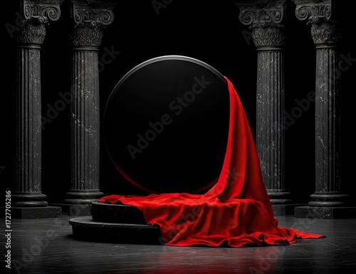 A dark, dramatic presentation space, featuring a circular black backdrop draped with rich crimson fabric, sits atop a multi-level pedestal within a classical architectural setting.