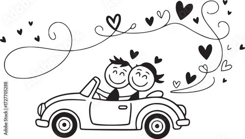 Love Ride: An adorable cartoon couple enjoys a romantic ride in a classic convertible car, surrounded by hearts and swirls, illustrating love and happiness. 