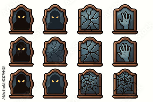 Spooky mirror icons with ghosts, cracks, hands, and webs in a haunted theme