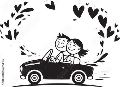 Love's Journey: An enchanting illustration showcases a loving couple embarking on a romantic road trip in a vintage convertible, surrounded by whimsical hearts and a sense of joyous adventure.