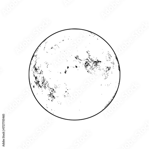 A minimalist black and white vector illustration of a circular celestial body (likely the Sun or Moon) with scattered dark spots or texture, on a white background.