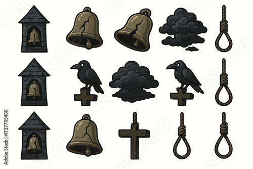 Dark gothic icons set: bell tower, raven, noose, and storm clouds