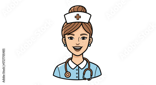 Cartoon illustration of a smiling female nurse wearing a uniform and stethoscope.