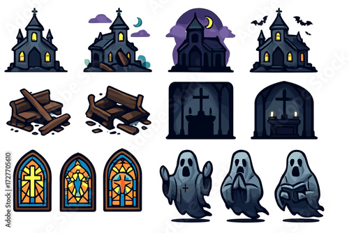 Spooky church and ghost illustrations with stained glass and pew elements