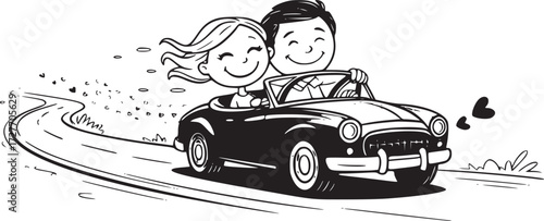 Romantic Road Trip: An animated couple embarks on a joyous road trip in a classic car, symbolizing love, adventure, and the open road.