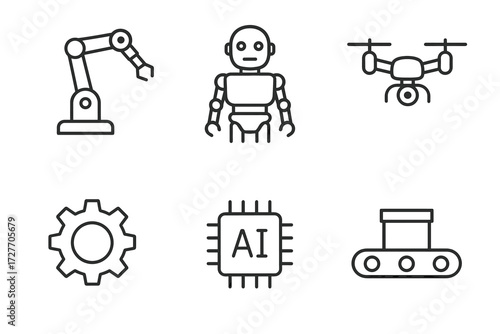 Line icons of robotics and ai: robot, drone, gear, ai chip, conveyor, robotic arm