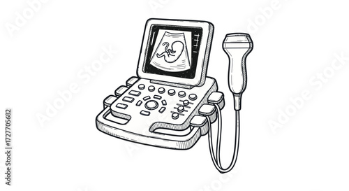 Medical Ultrasound Machine with Fetus on Screen Line Art Illustration.