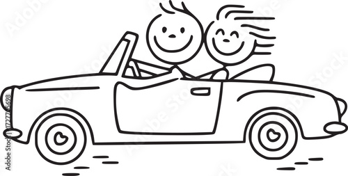 Joyful Drive: Two stick figure individuals, a driver and a passenger, embark on a cheerful road trip in a convertible. The artwork encapsulates the delight of the ride.