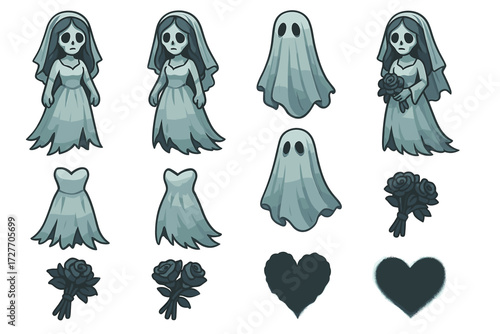 Cartoon ghost bride and grim reaper elements in monochrome style